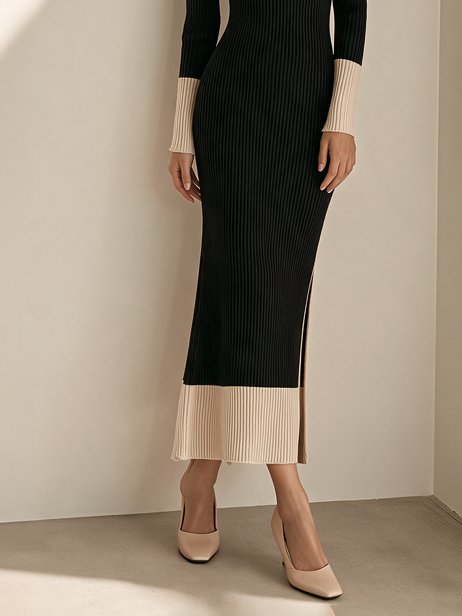 Women's Mock-Neck Asymmetric Cold-Shoulder Colorblock Ribbed Knit Maxi Dress