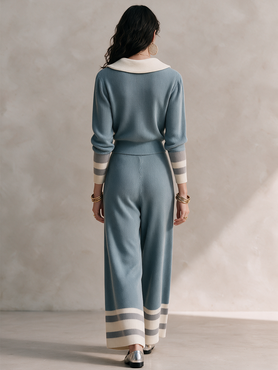 Product Name: Women's Dusty Blue Contrast Collar Knit Long-Sleeve Wide-Leg Pants Set