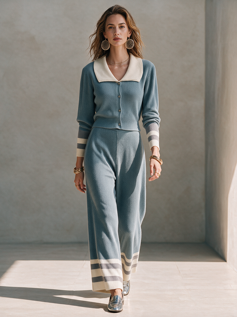 Product Name: Women's Dusty Blue Contrast Collar Knit Long-Sleeve Wide-Leg Pants Set
