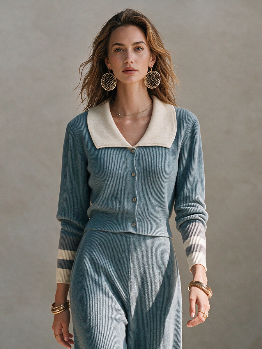Product Name: Women's Dusty Blue Contrast Collar Knit Long-Sleeve Wide-Leg Pants Set