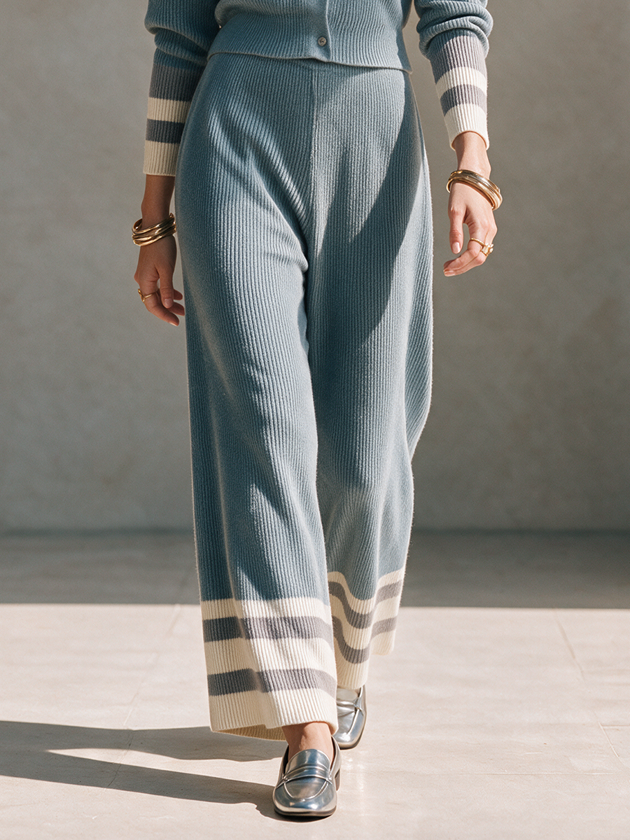 Product Name: Women's Dusty Blue Contrast Collar Knit Long-Sleeve Wide-Leg Pants Set