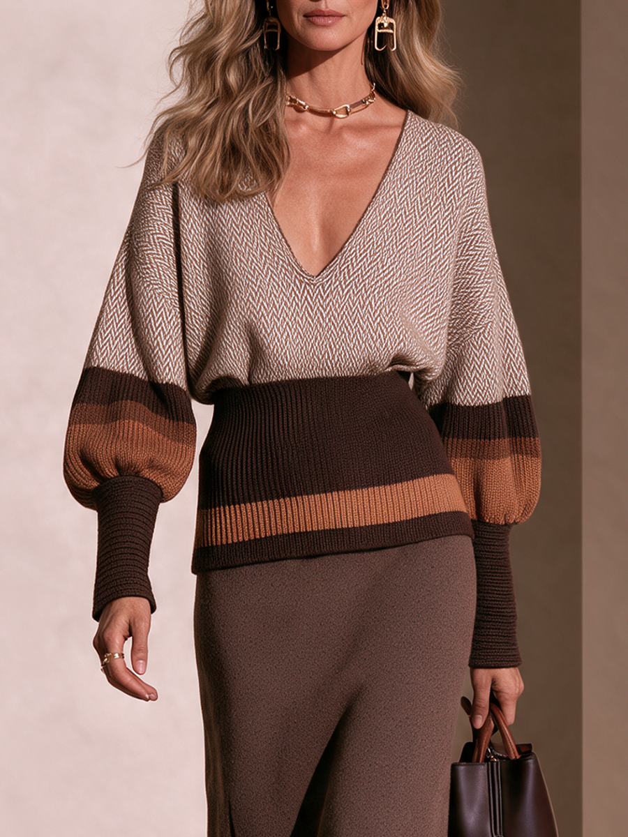 Women's Color‑Block V‑Neck Lantern‑Sleeve Knit Top