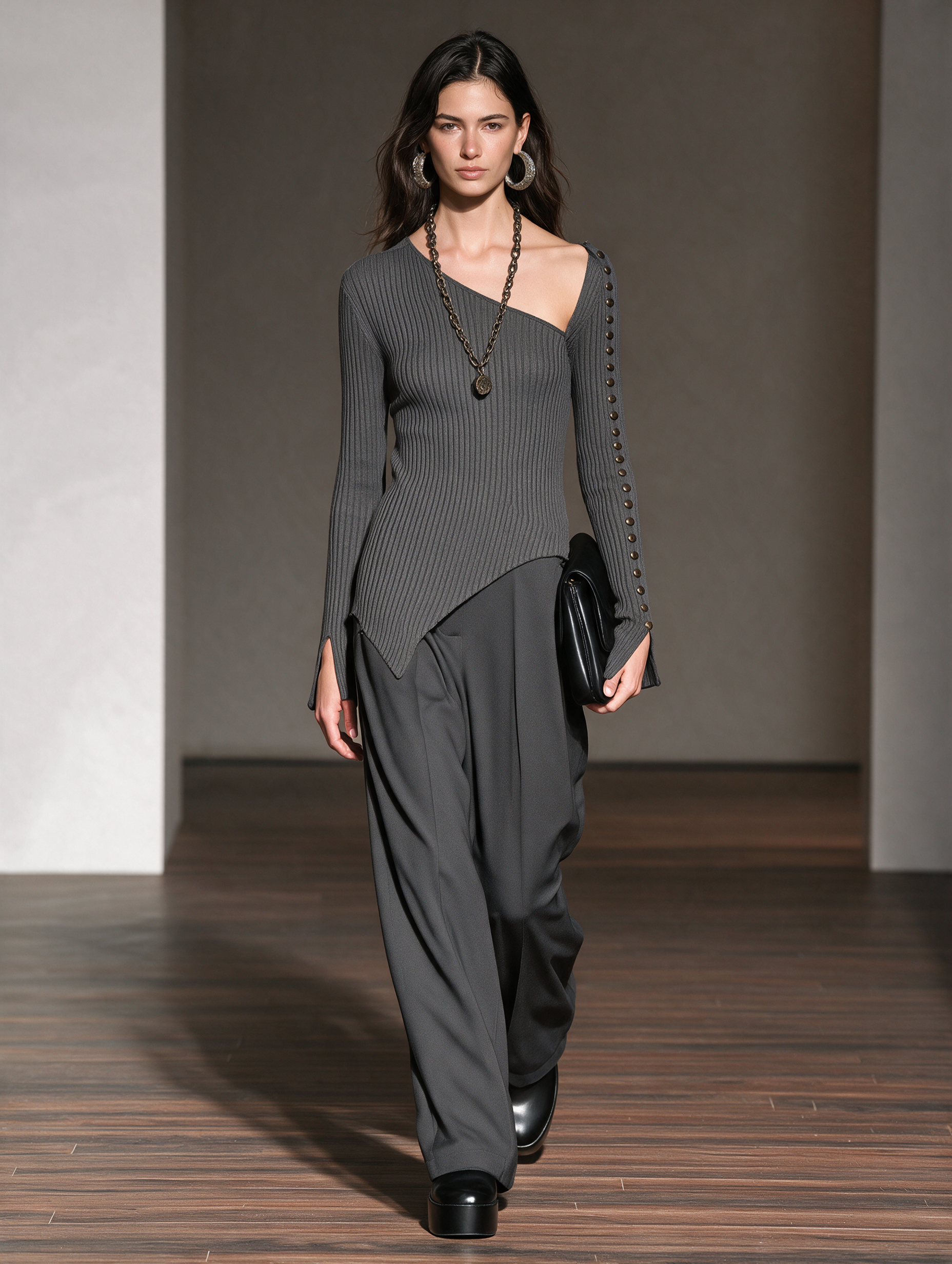Women's Asymmetric-Neck Ribbed Metal-Button Long-Sleeve Knit Top