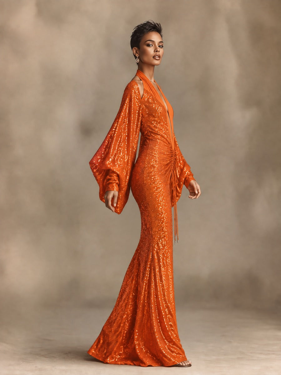 Women's Deep V Sequin Flare Sleeve Gown Orange