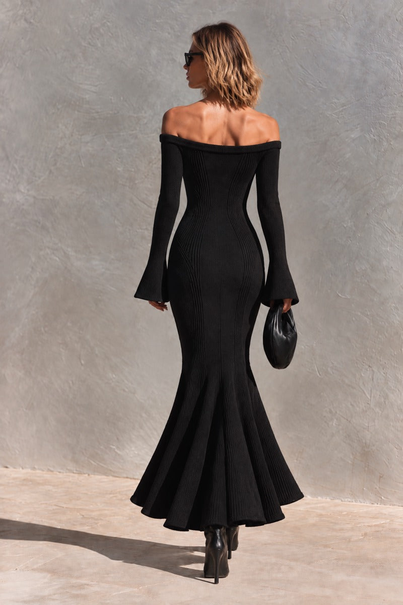 Women's Off-Shoulder Ribbed Knit Maxi Dress With Bell Sleeves