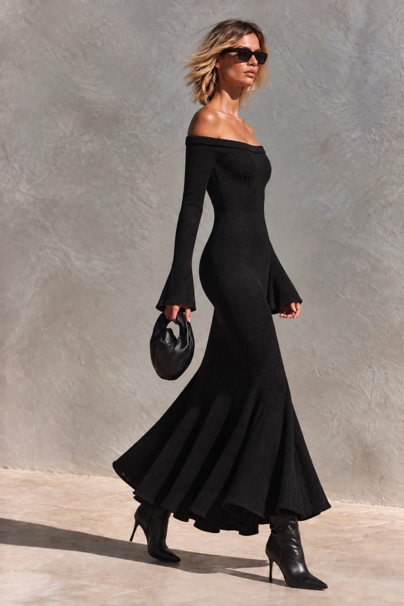 Women's Off-Shoulder Ribbed Knit Maxi Dress With Bell Sleeves