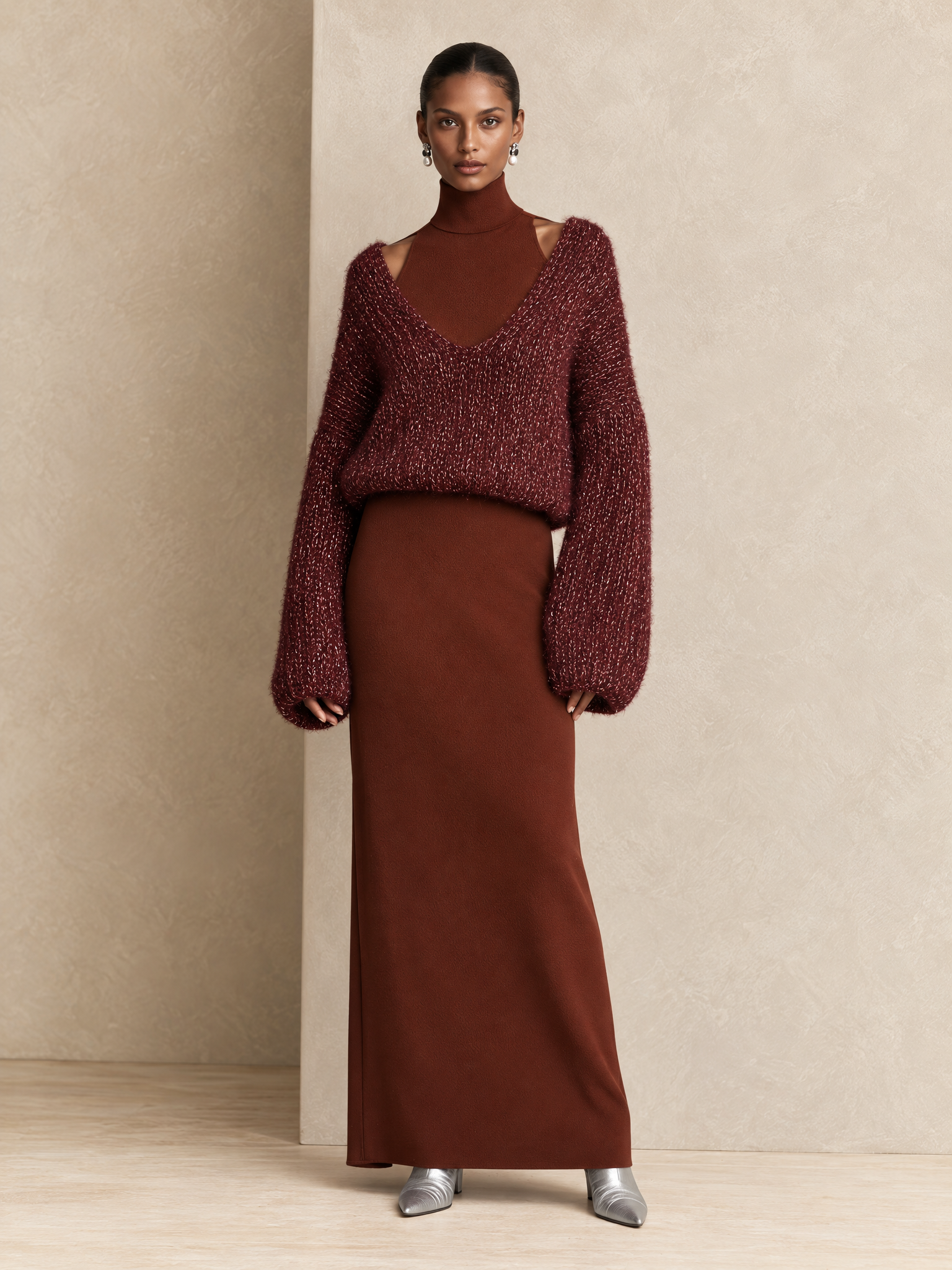 Women's Metallic Fuzzy V-Neck Burgundy Sweater