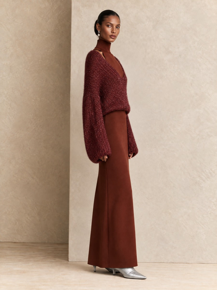 Women's Metallic Fuzzy V-Neck Burgundy Sweater