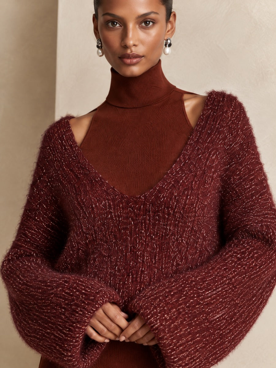 Women's Metallic Fuzzy V-Neck Burgundy Sweater
