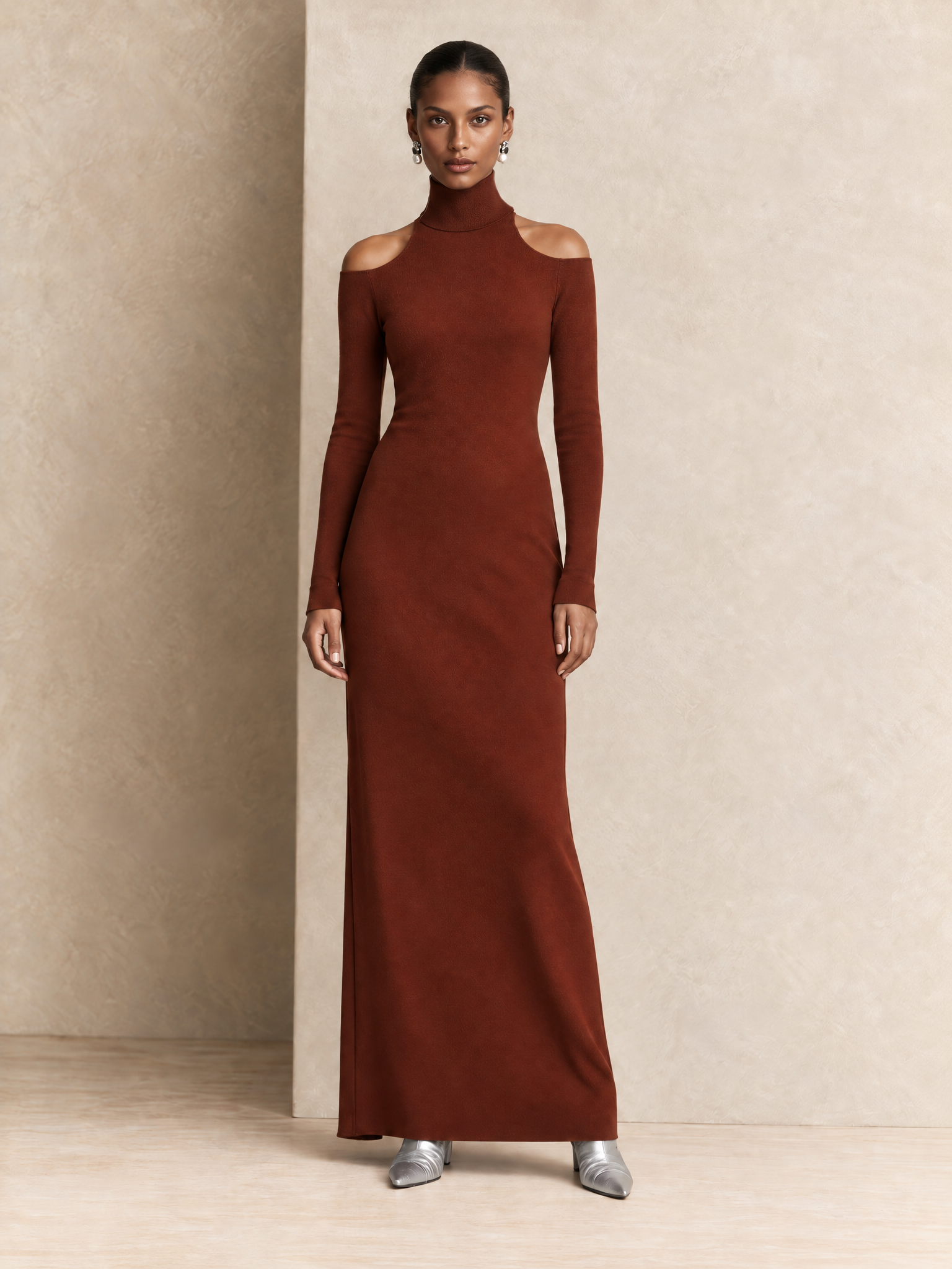 Women's Cold Shoulder Turtleneck Rust Maxi Dress