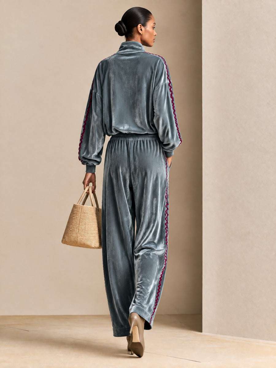 Women's Velour Half-Zip Pullover And Wide-Leg Pants Two-Piece Lounge Set