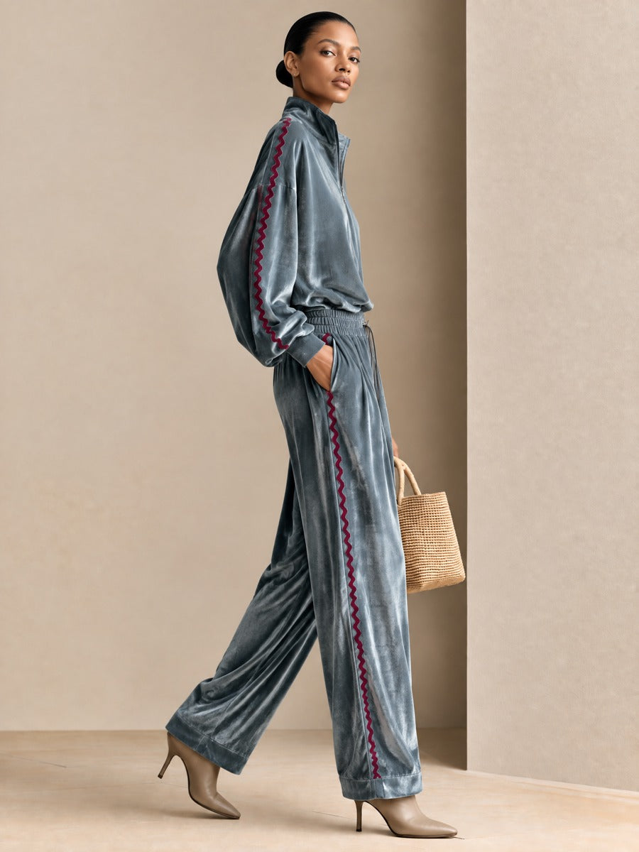 Women's Velour Half-Zip Pullover And Wide-Leg Pants Two-Piece Lounge Set