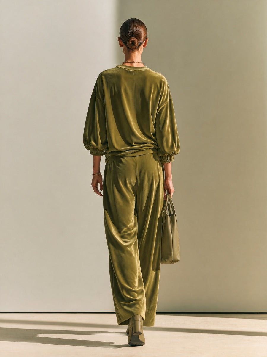 Women's Oversized Velvet Two-Piece Set - Crewneck Top & Wide-Leg Pants