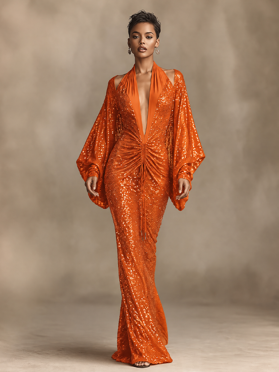 Women's Deep V Sequin Flare Sleeve Gown Orange