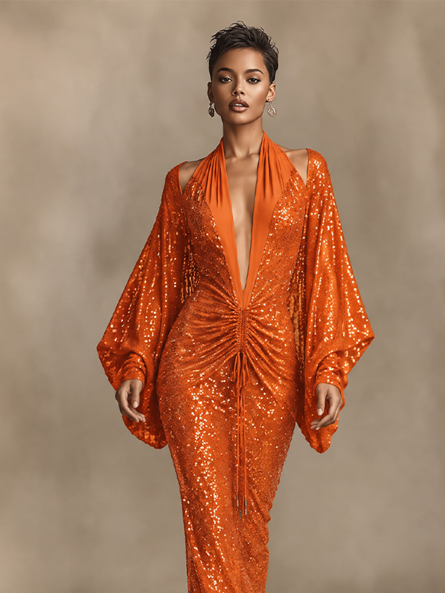 Women's Deep V Sequin Flare Sleeve Gown Orange