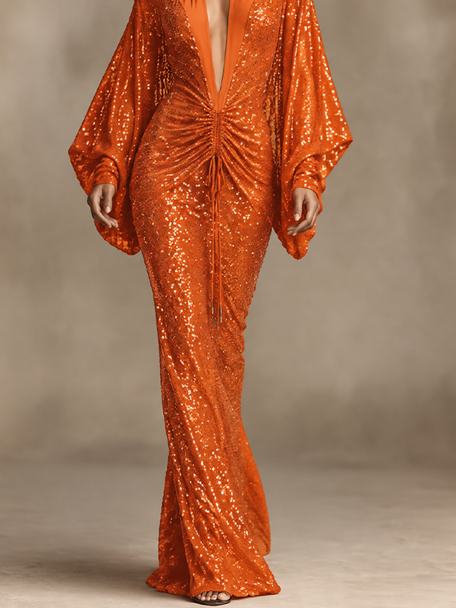 Women's Deep V Sequin Flare Sleeve Gown Orange