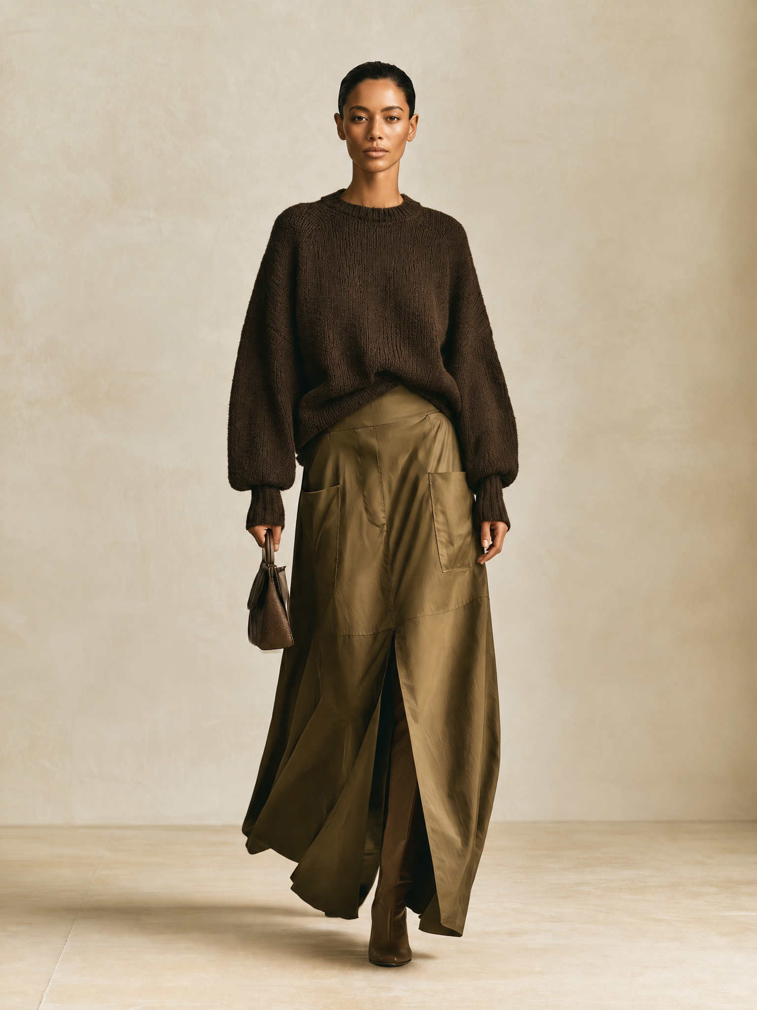 Women's Cargo Pocket High Slit Olive Maxi Skirt
