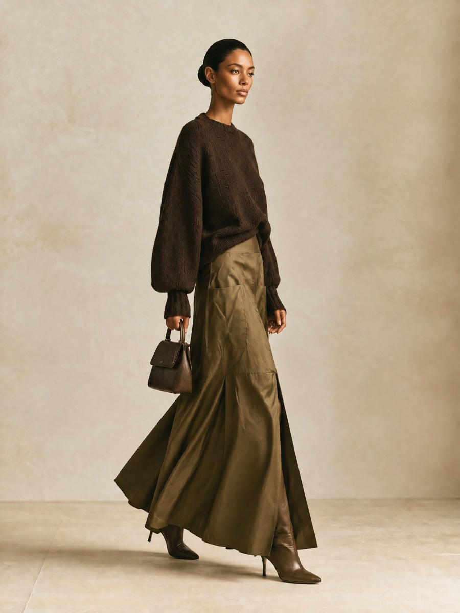 Women's Cargo Pocket High Slit Olive Maxi Skirt