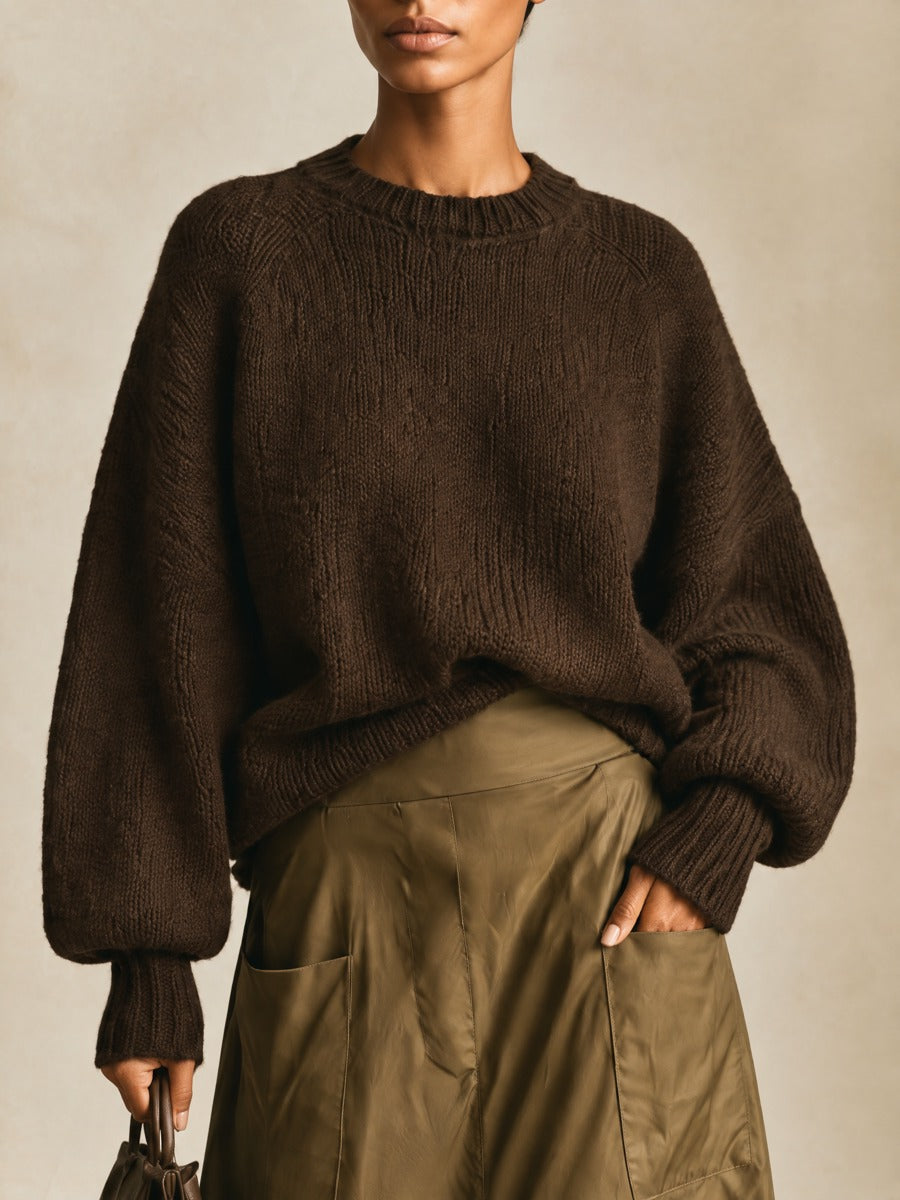 Women's Oversized Crewneck Chocolate Brown Knit Sweater