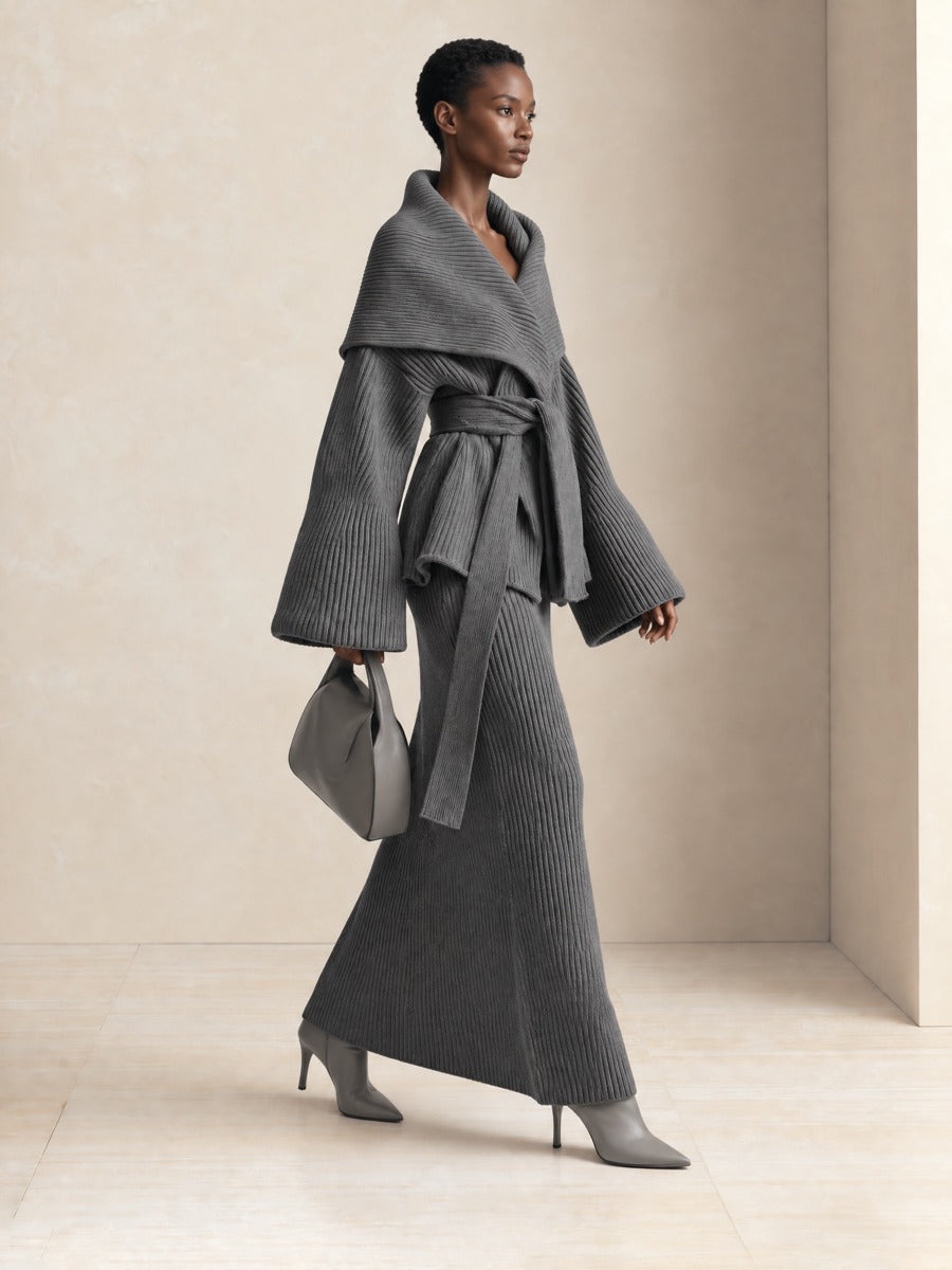 Women's Shawl Collar Belted Gray Knit Cardigan