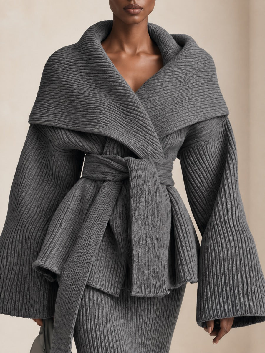 Women's Shawl Collar Belted Gray Knit Cardigan