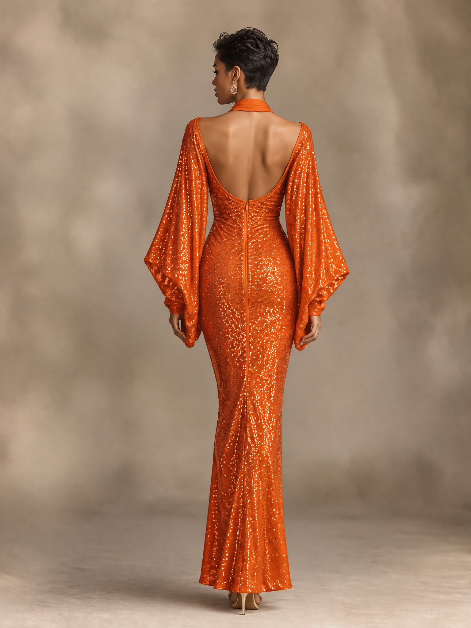 Women's Deep V Sequin Flare Sleeve Gown Orange