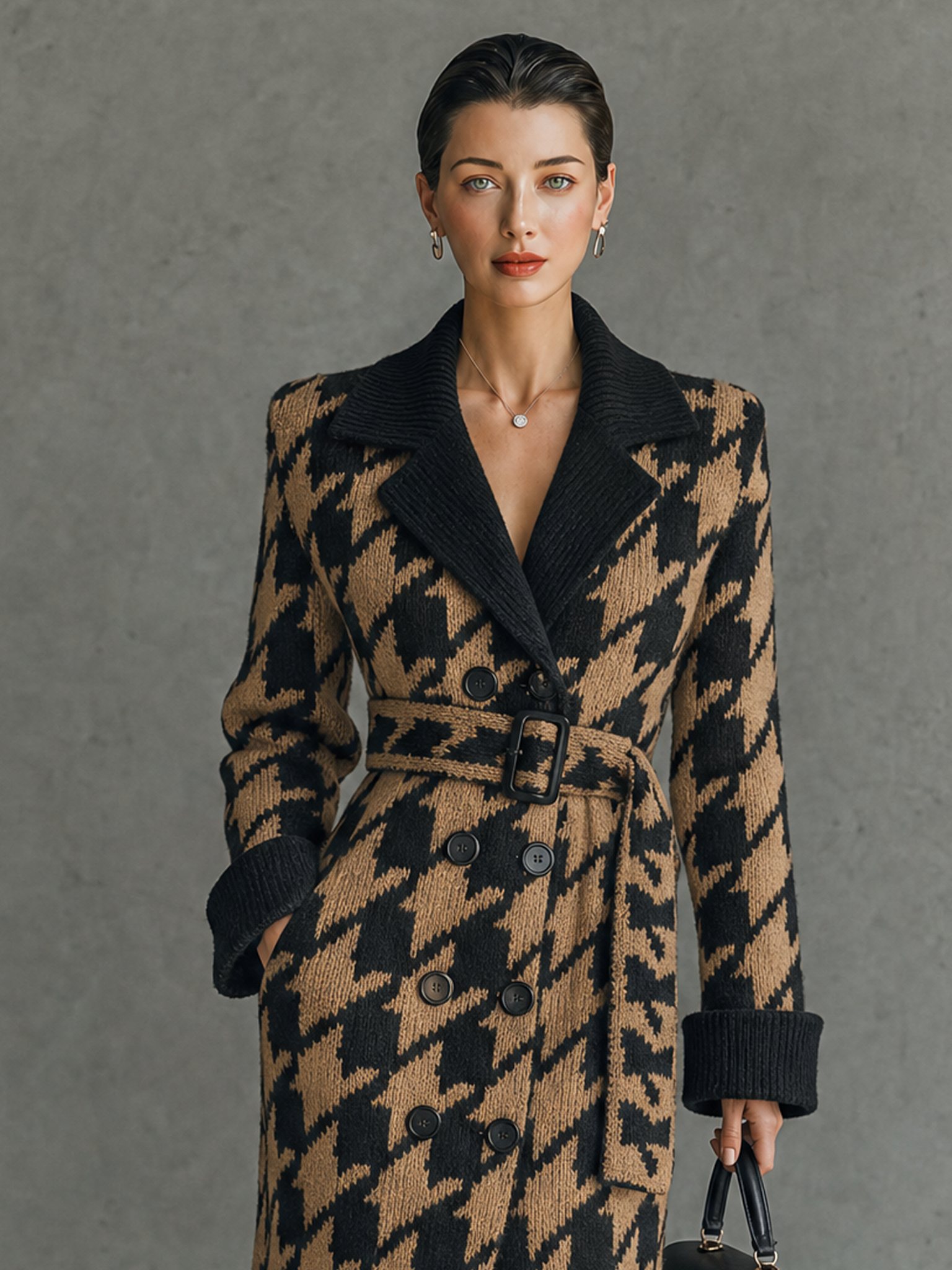 Women's Vintage Houndstooth Jacquard Double-Breasted Belted Cardigan