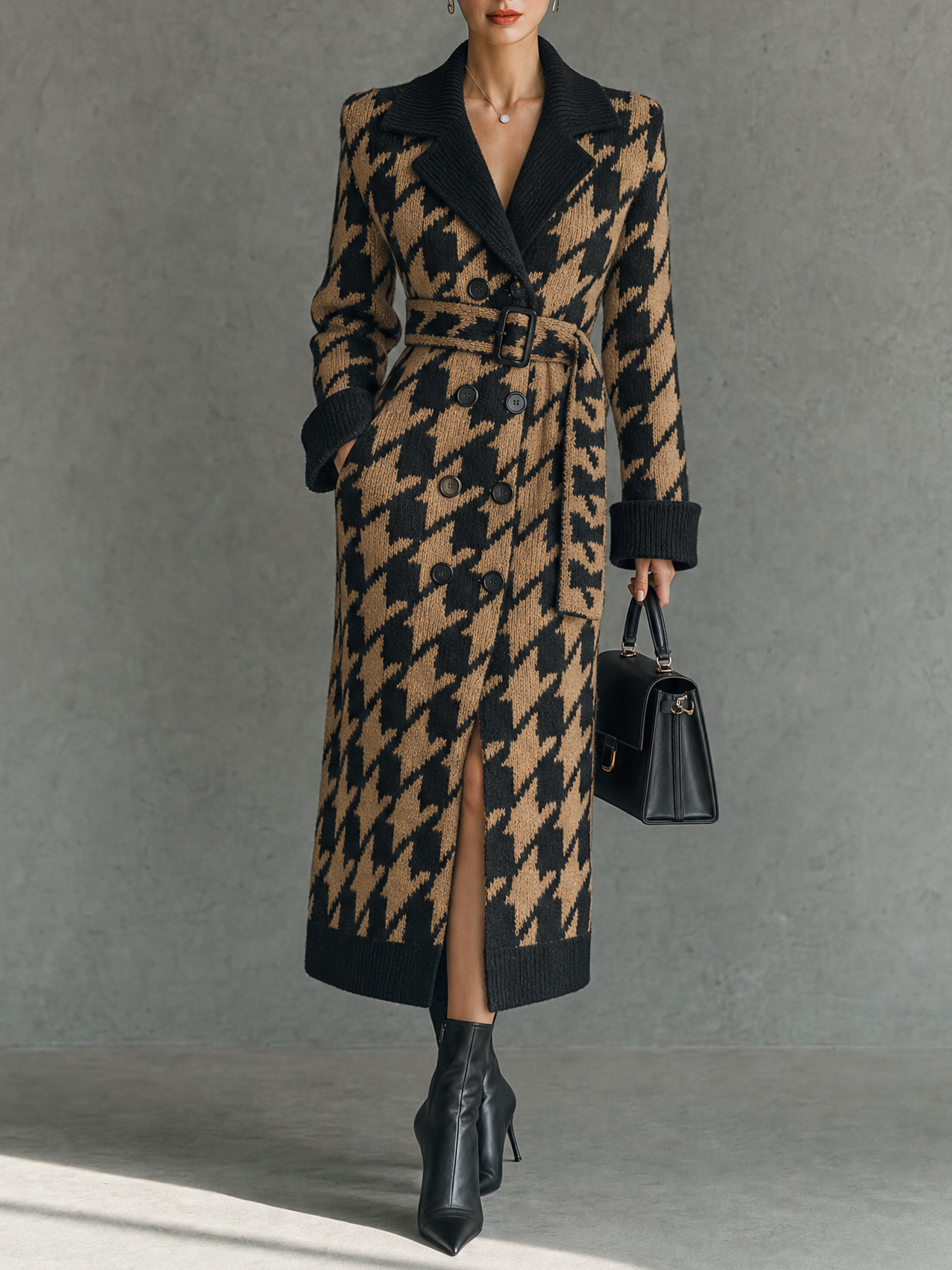 Women's Vintage Houndstooth Jacquard Double-Breasted Belted Cardigan