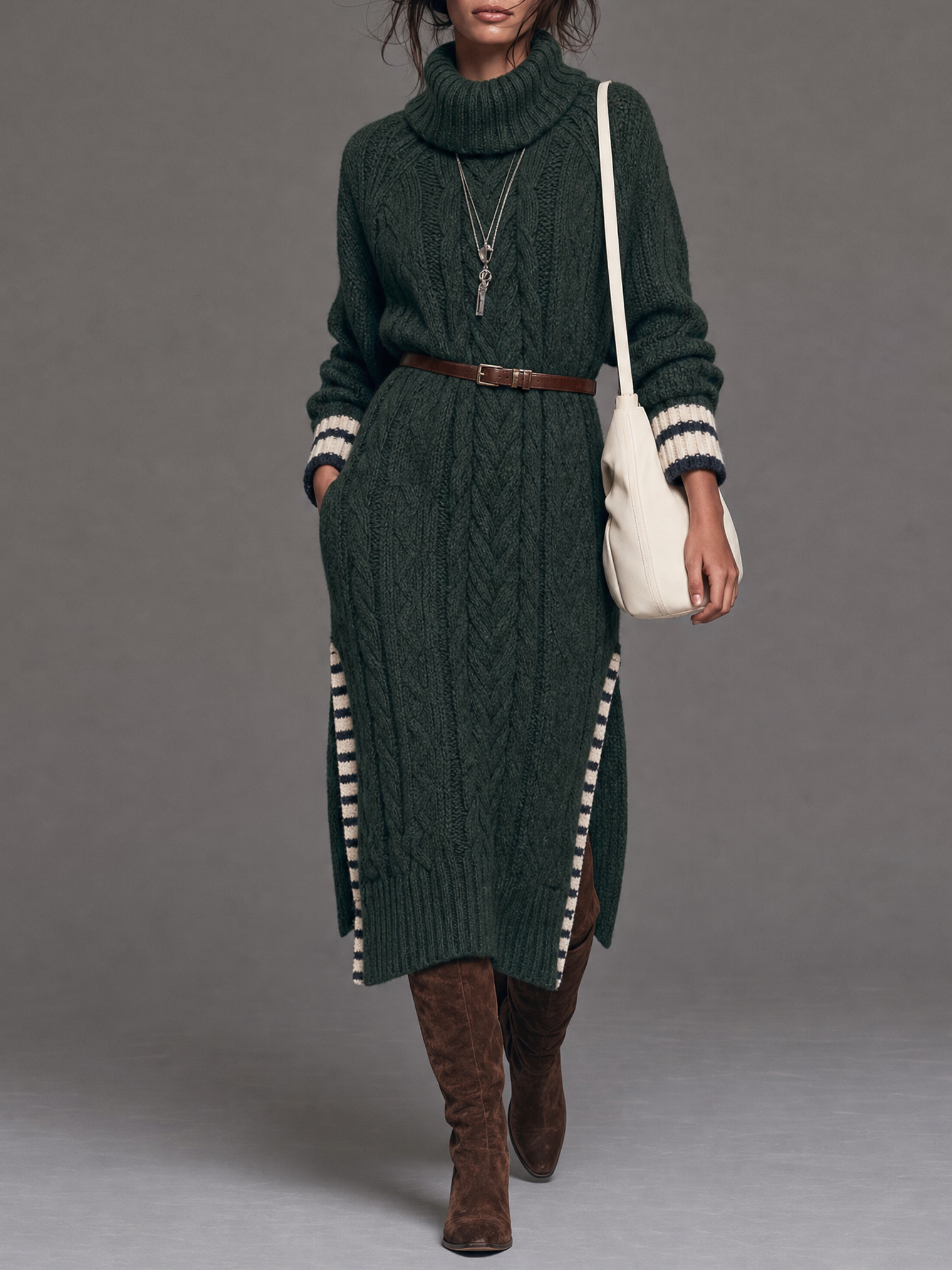 Women's Vintage High-Neck Cable-Knit Midi Dress With Side Slit(Belt Not Included)