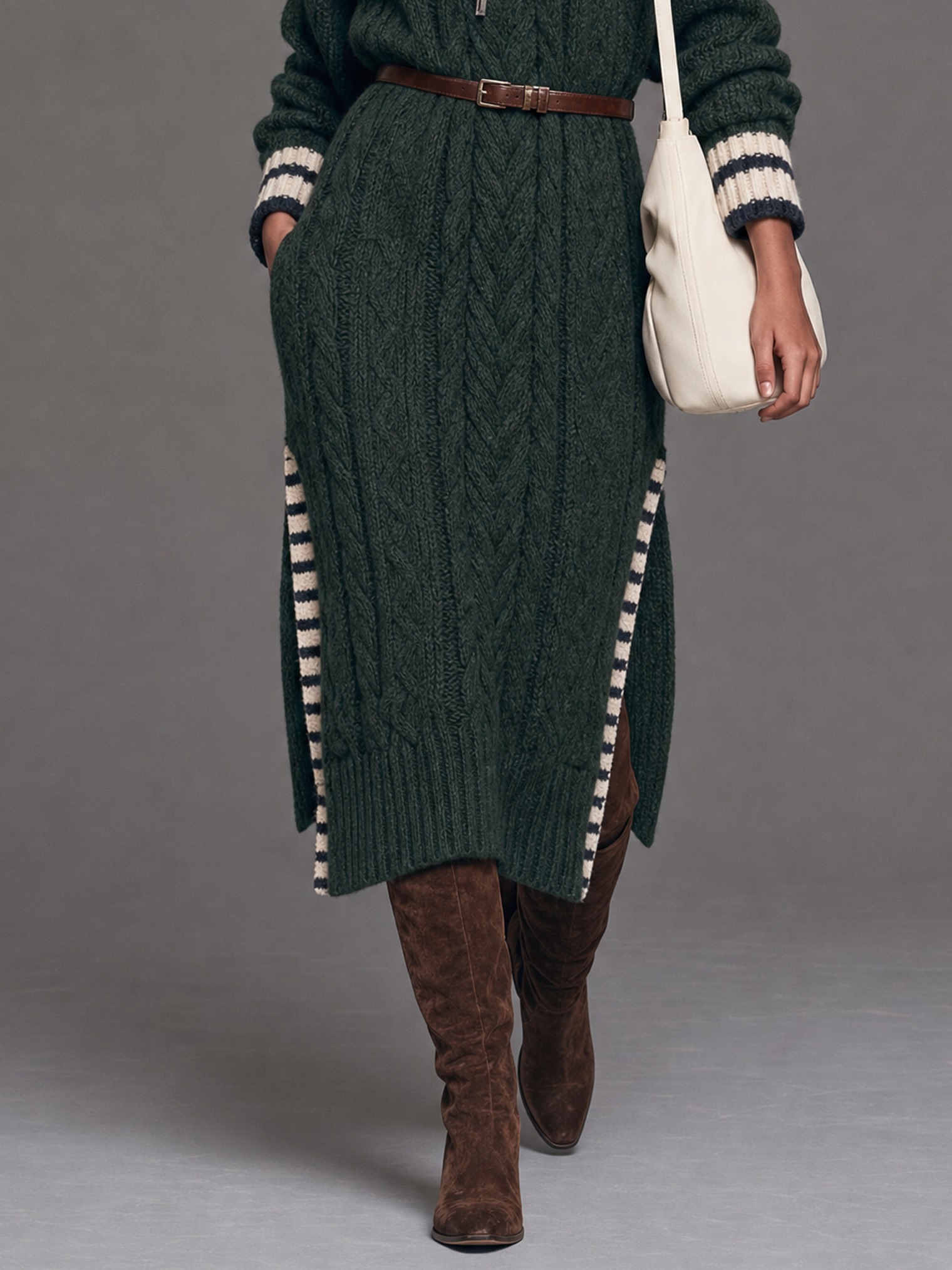 Women's Vintage High-Neck Cable-Knit Midi Dress With Side Slit(Belt Not Included)