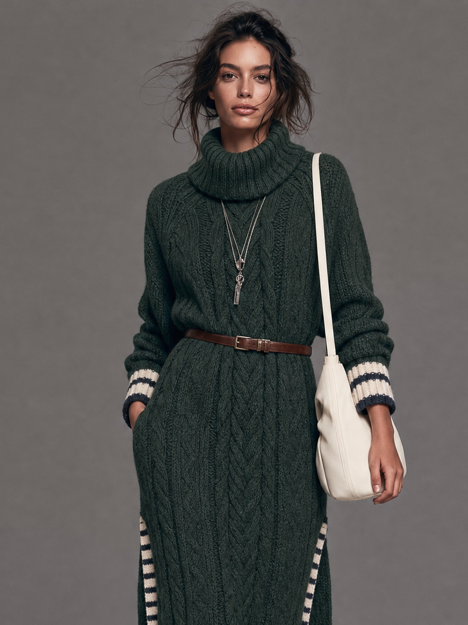 Women's Vintage High-Neck Cable-Knit Midi Dress With Side Slit(Belt Not Included)