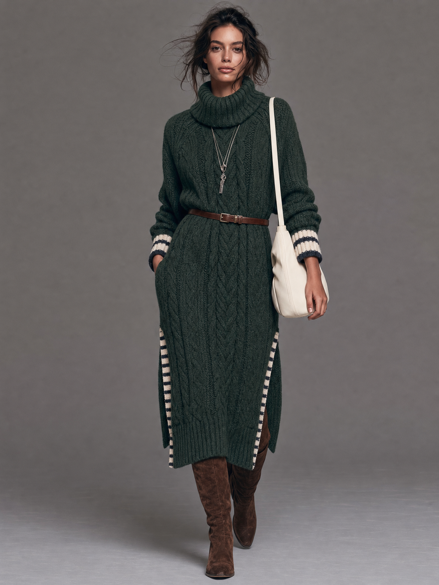 Women's Vintage High-Neck Cable-Knit Midi Dress With Side Slit(Belt Not Included)