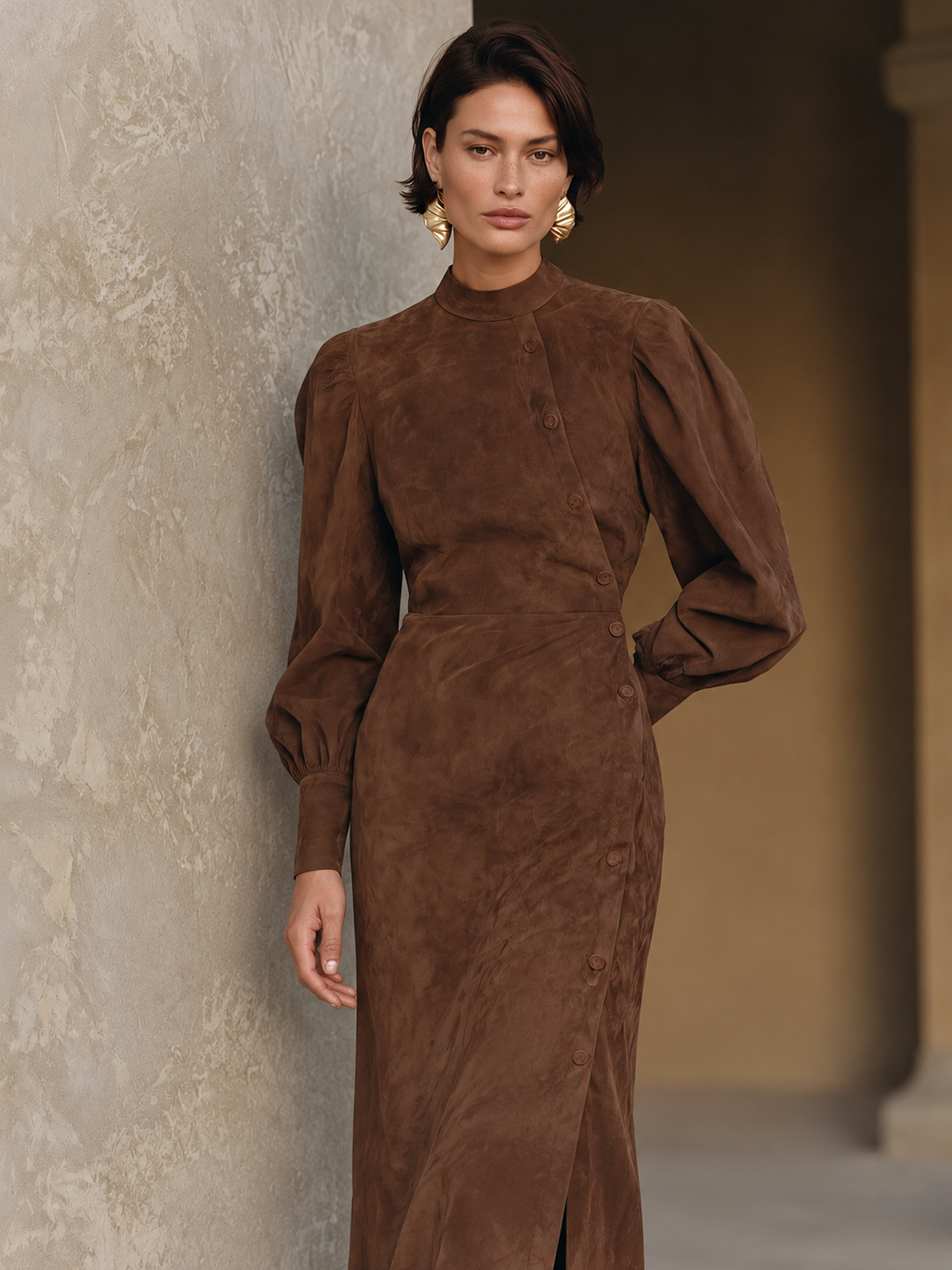Women's Vintage Suede Asymmetric Button-Front Midi Dress With Balloon Sleeves