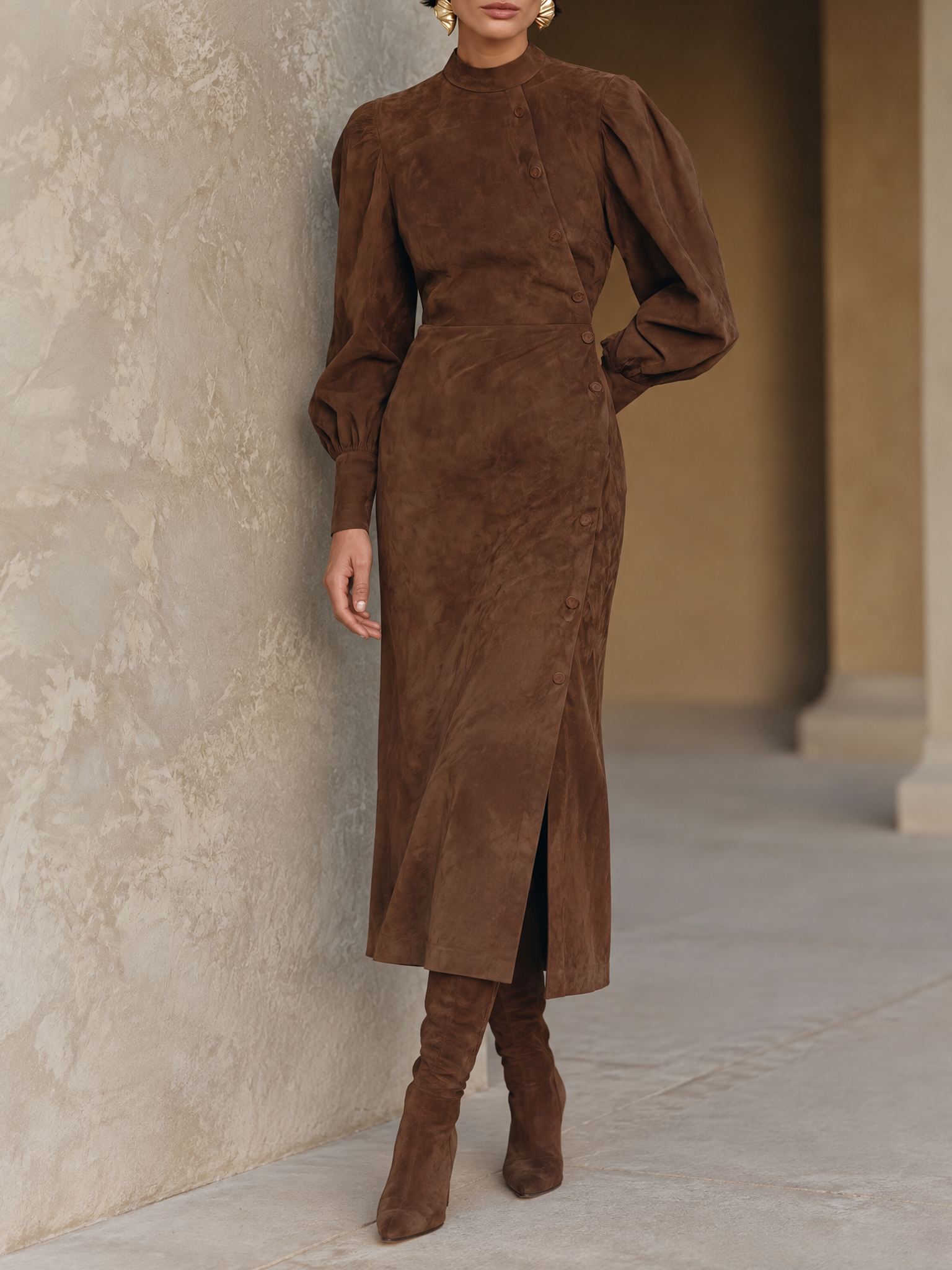Women's Vintage Suede Asymmetric Button-Front Midi Dress With Balloon Sleeves