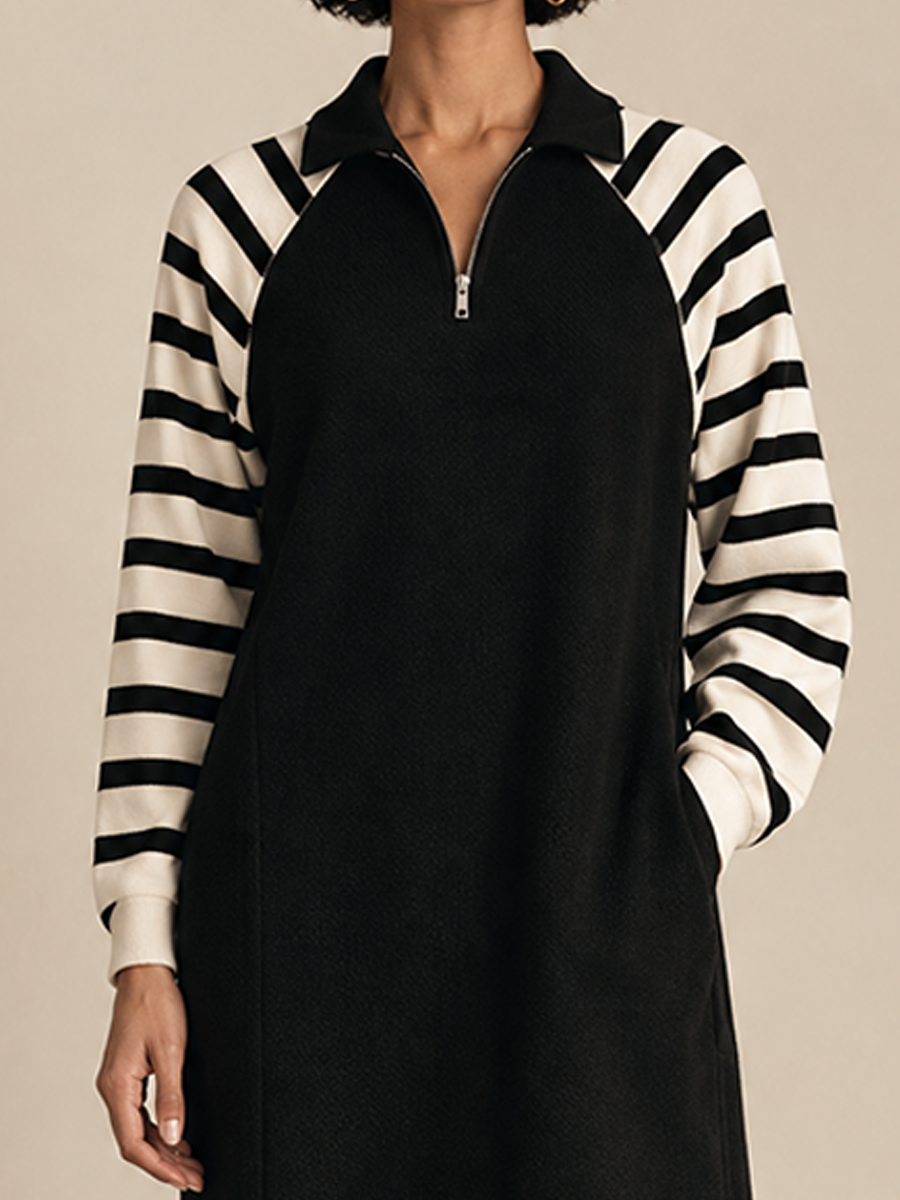 Women's Striped Panel Commuter Half-Zip Collar Maxi Dress