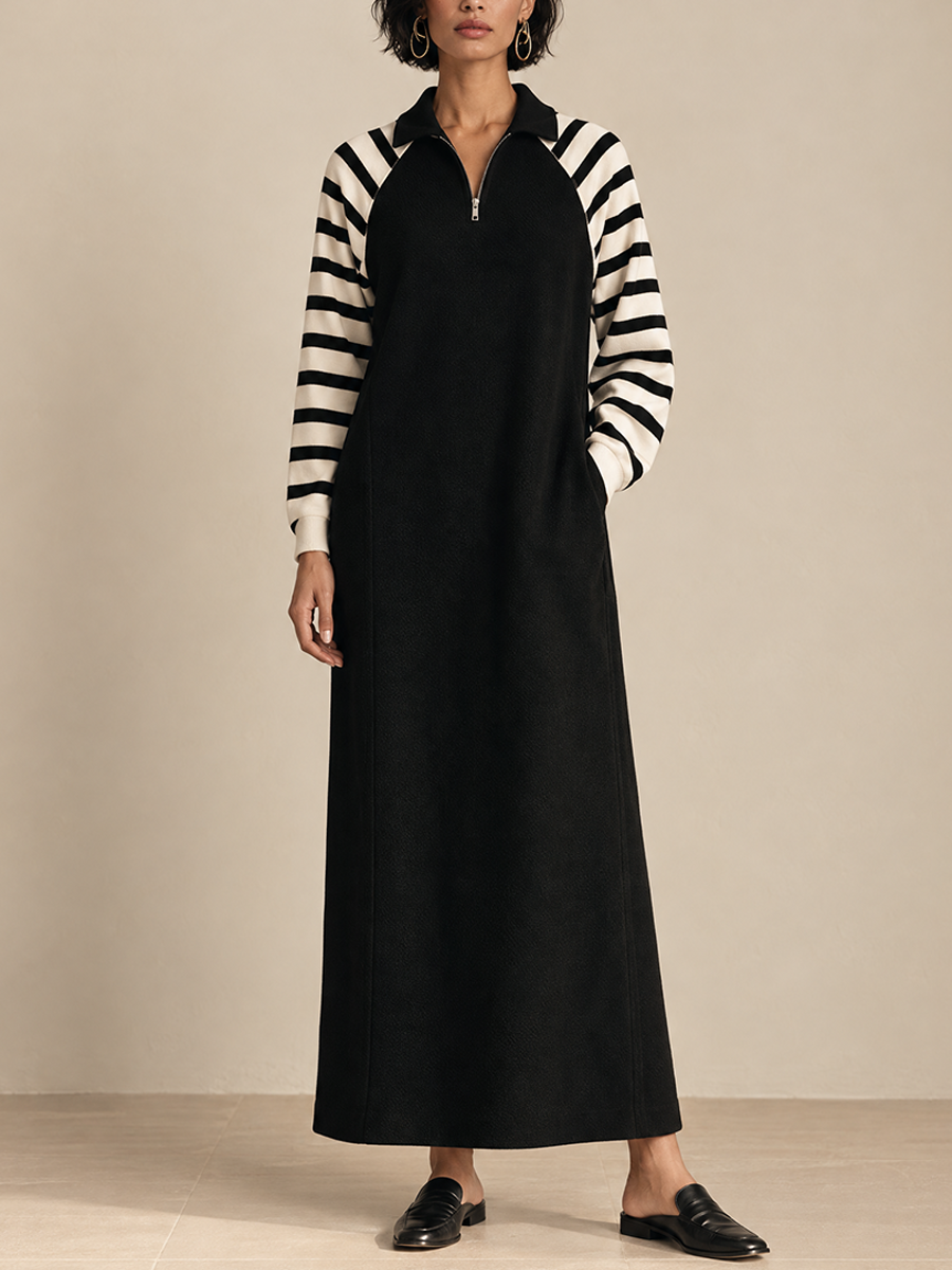 Women's Striped Panel Commuter Half-Zip Collar Maxi Dress
