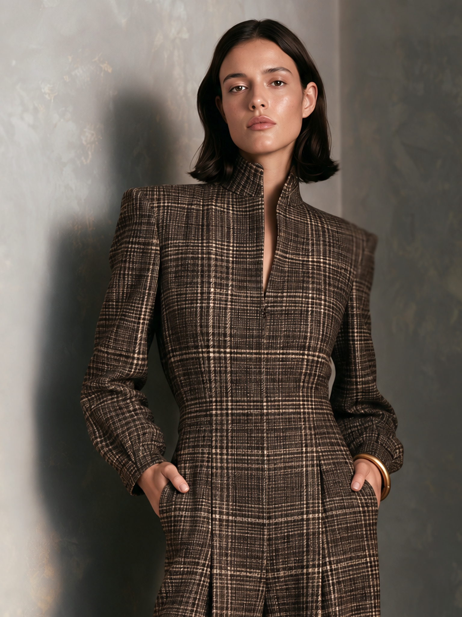 Women's Vintage Plaid Woolen Stand Collar Wide Leg Jumpsuit Long Sleeve Jumpsuit