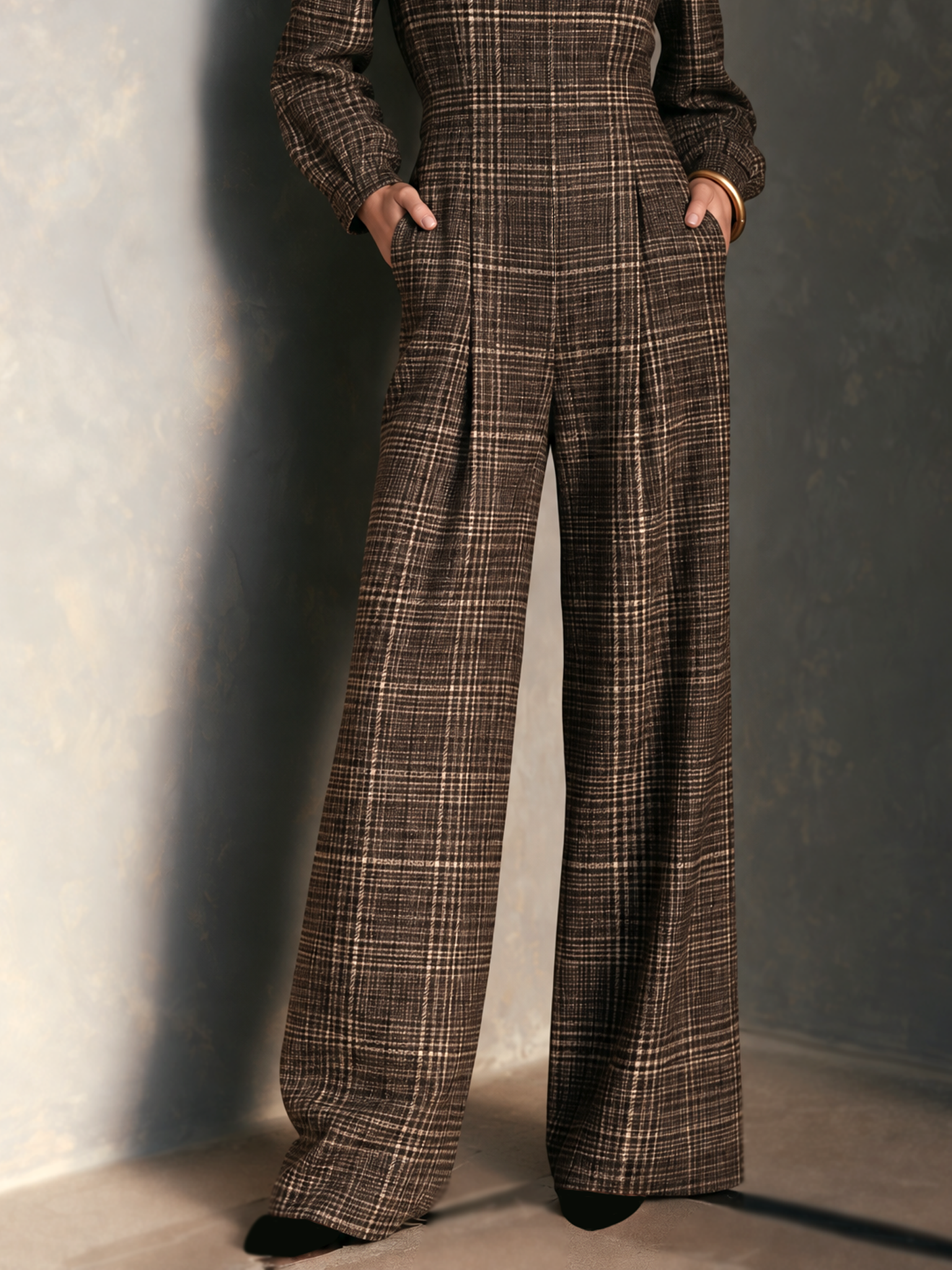 Women's Vintage Plaid Woolen Stand Collar Wide Leg Jumpsuit Long Sleeve Jumpsuit
