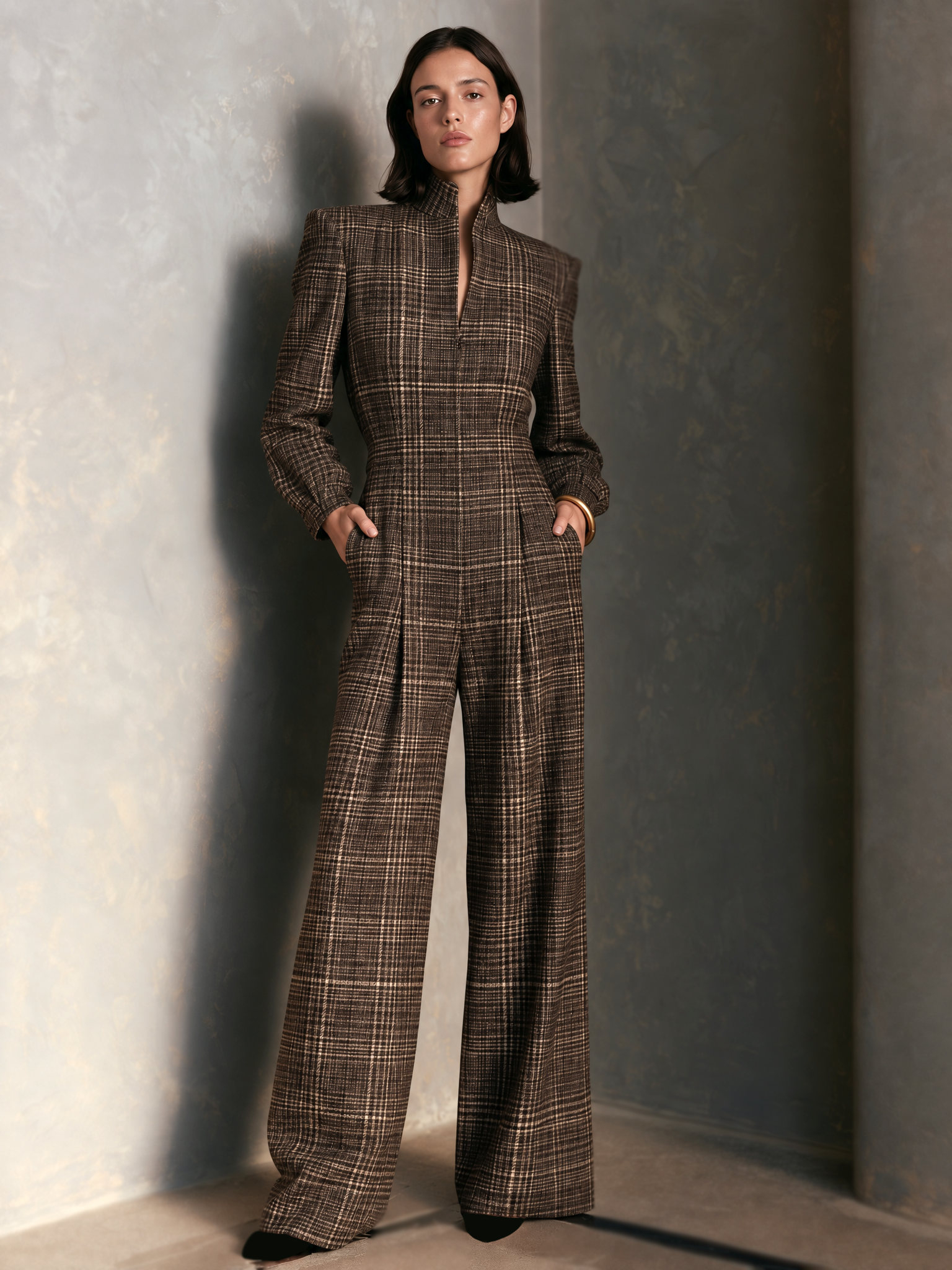 Women's Vintage Plaid Woolen Stand Collar Wide Leg Jumpsuit Long Sleeve Jumpsuit