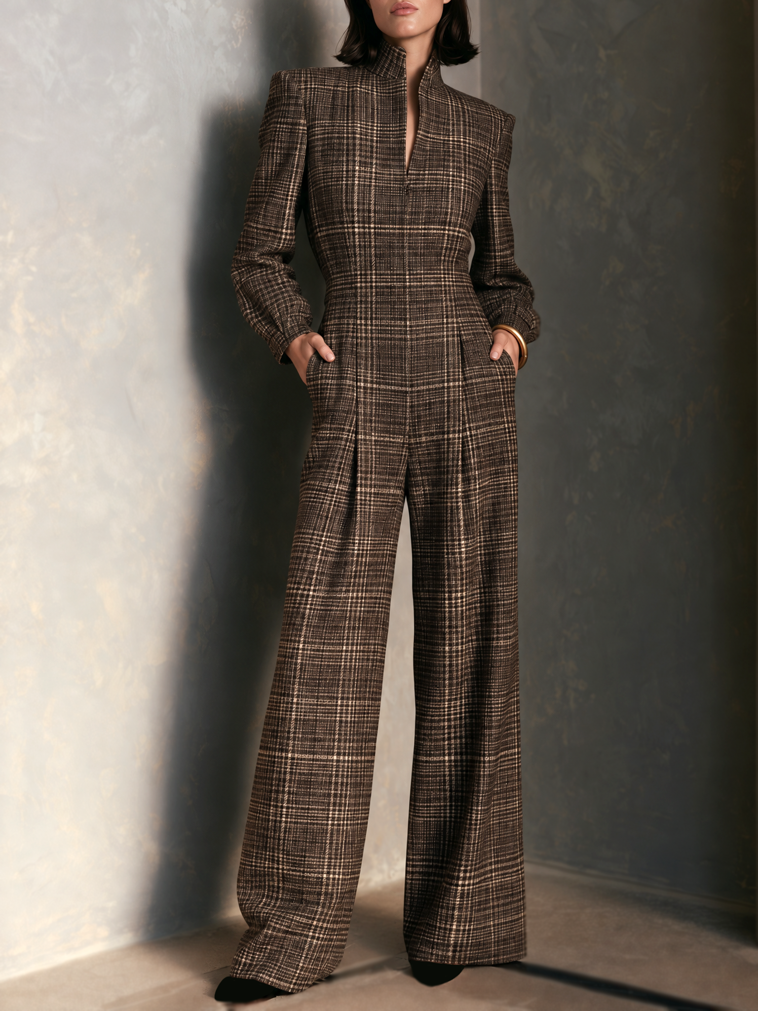 Women's Vintage Plaid Woolen Stand Collar Wide Leg Jumpsuit Long Sleeve Jumpsuit