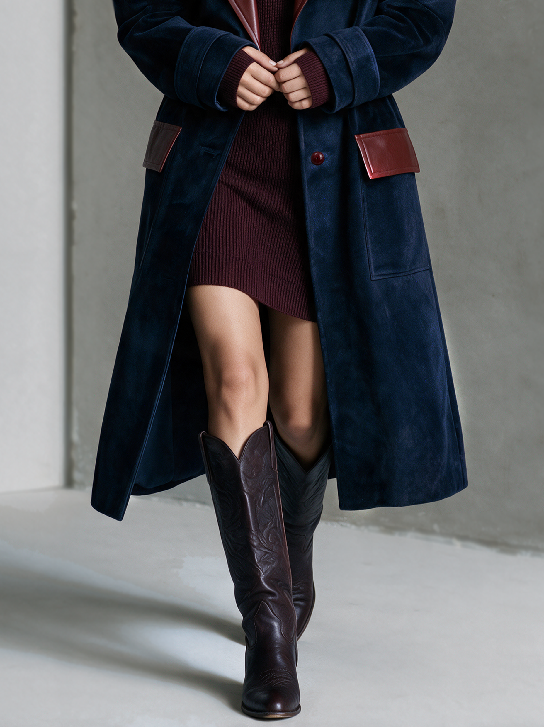 Women's Vintage Single-Breasted Coat With Velvet Panels And Leather Collar