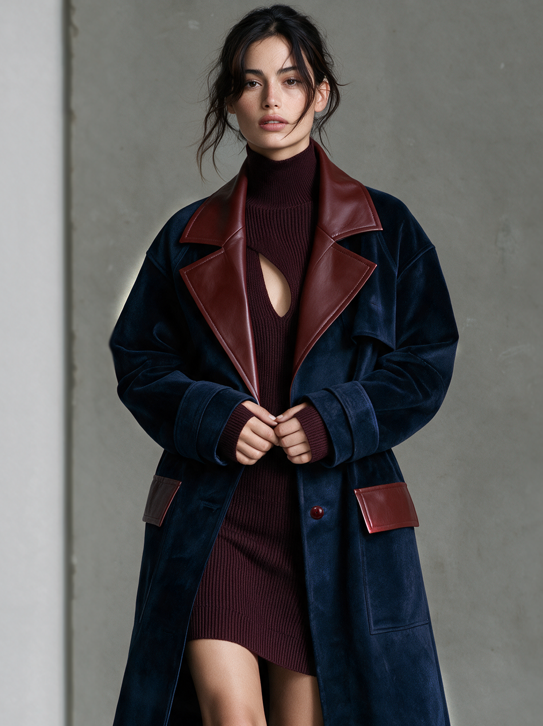 Women's Vintage Single-Breasted Coat With Velvet Panels And Leather Collar