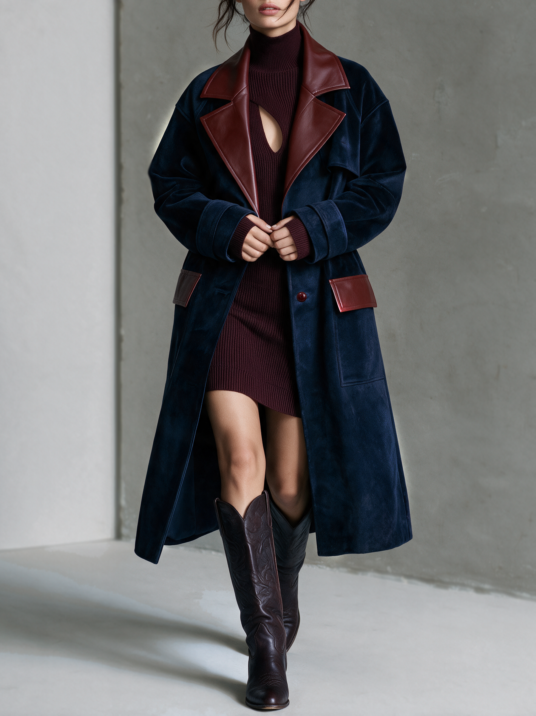 Women's Vintage Single-Breasted Coat With Velvet Panels And Leather Collar