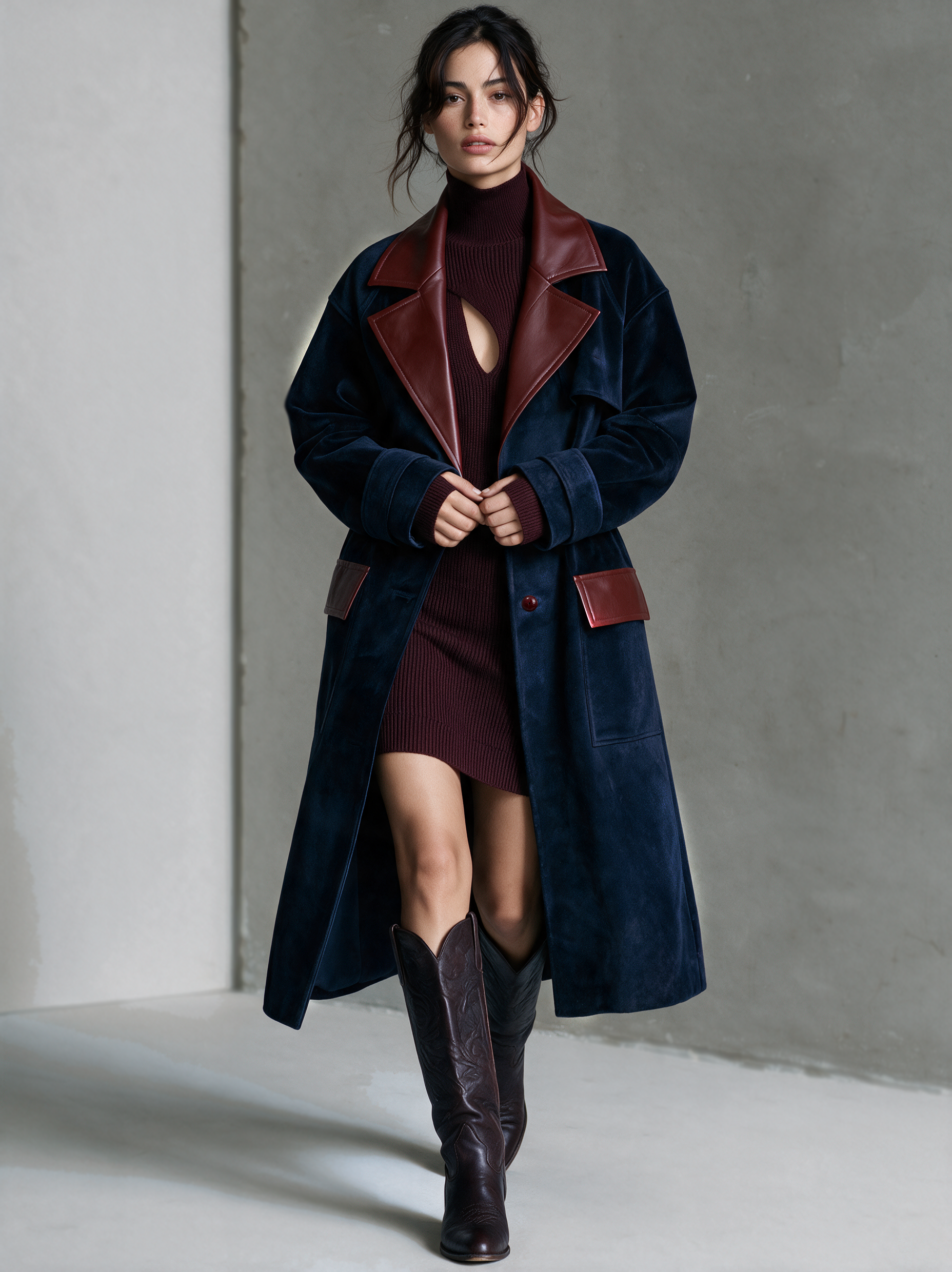 Women's Vintage Single-Breasted Coat With Velvet Panels And Leather Collar