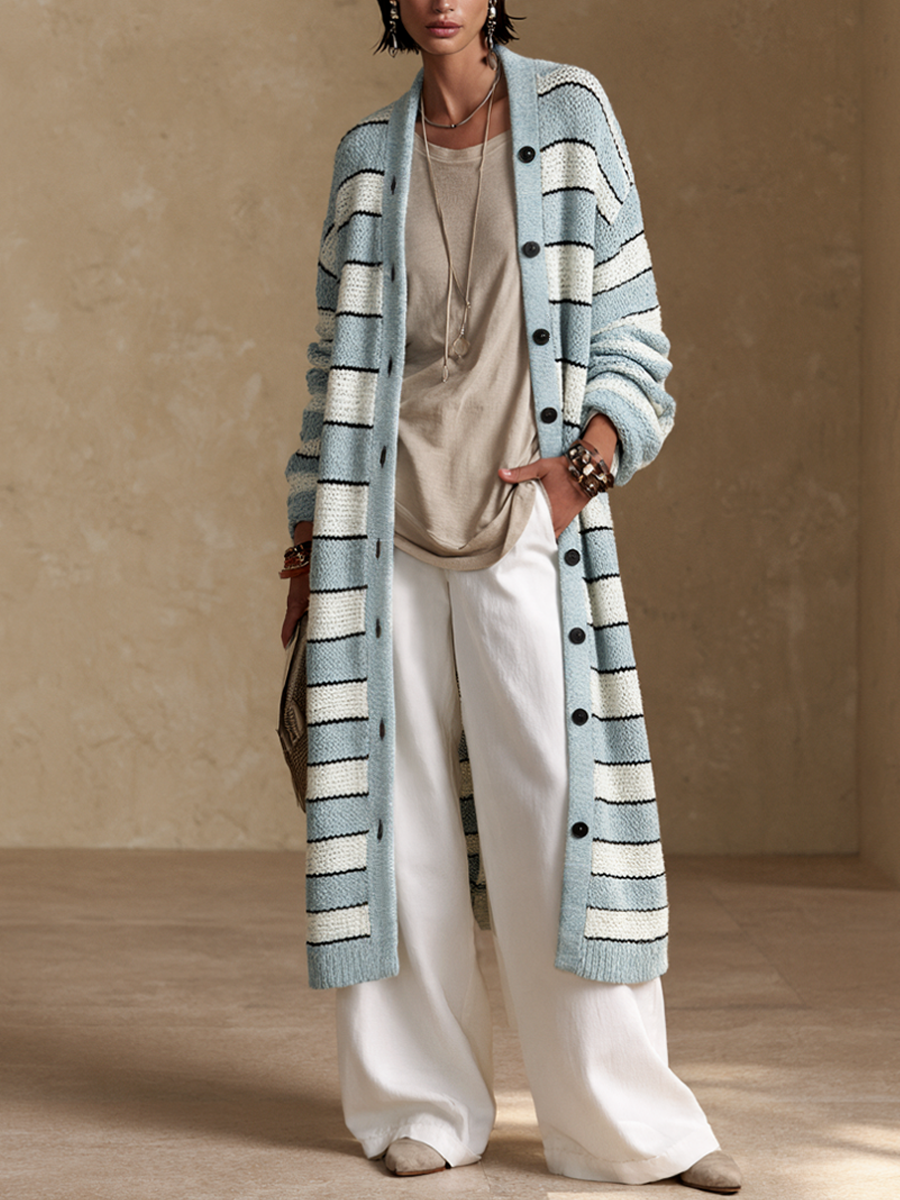 Women's Contrast Stripe Commuter Knit Long Cardigan