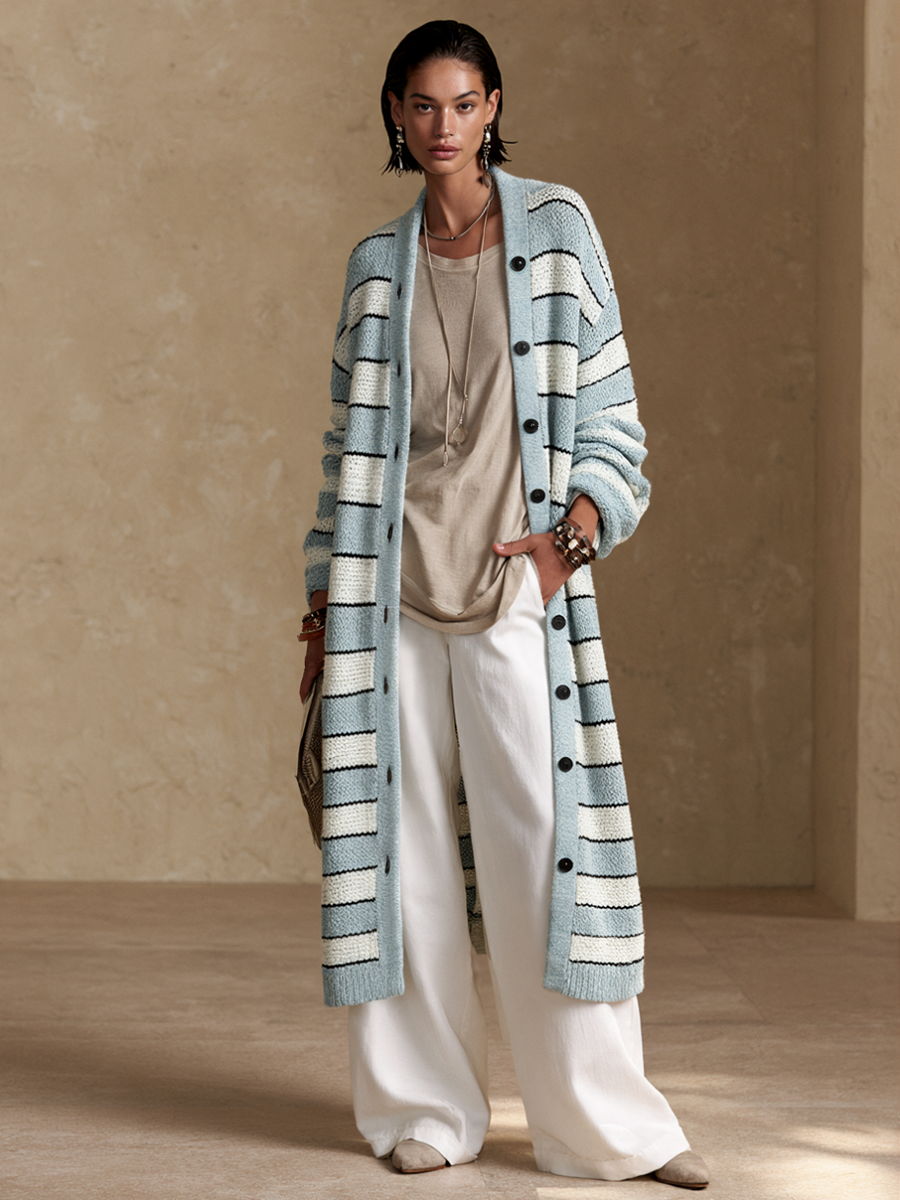 Women's Contrast Stripe Commuter Knit Long Cardigan