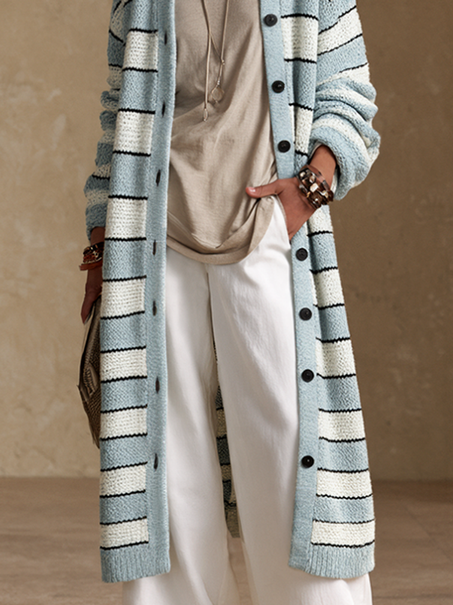 Women's Contrast Stripe Commuter Knit Long Cardigan
