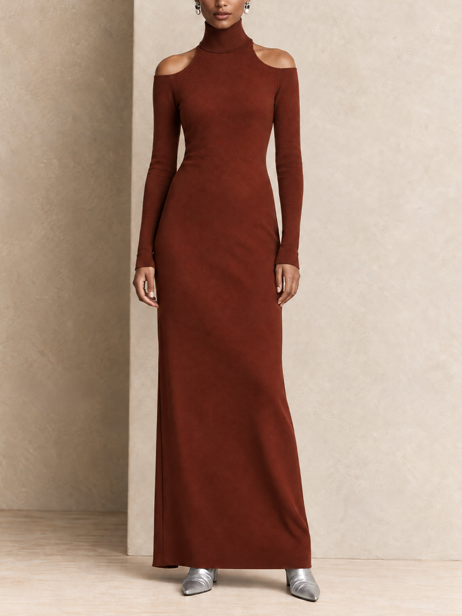 Women's Cold Shoulder Turtleneck Rust Maxi Dress