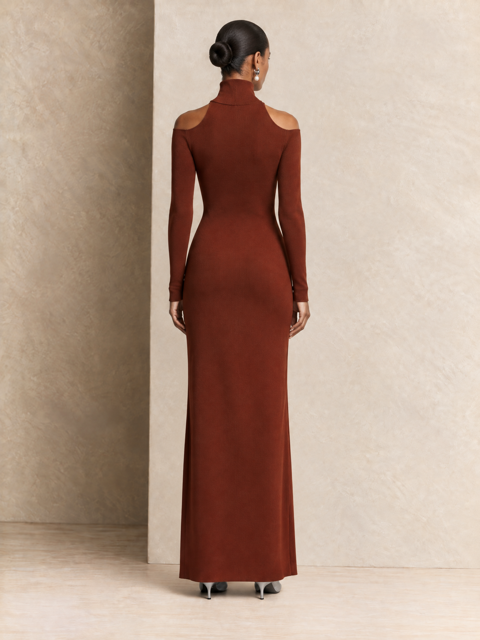 Women's Cold Shoulder Turtleneck Rust Maxi Dress