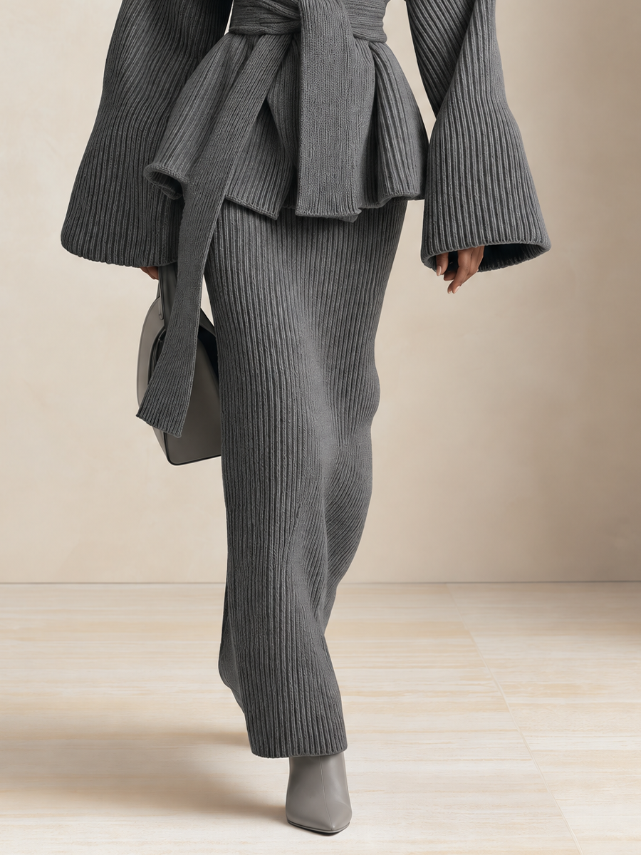 Women's Ribbed Knit High Waist Gray Maxi Skirt